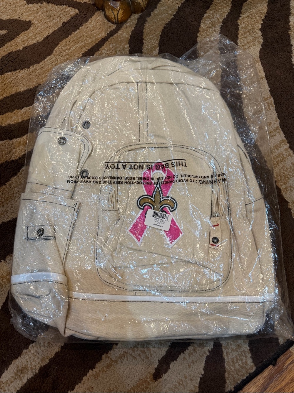 Old School Backpack New Orleans Saints with Pink Ribbon Fleur-de-lis Patch